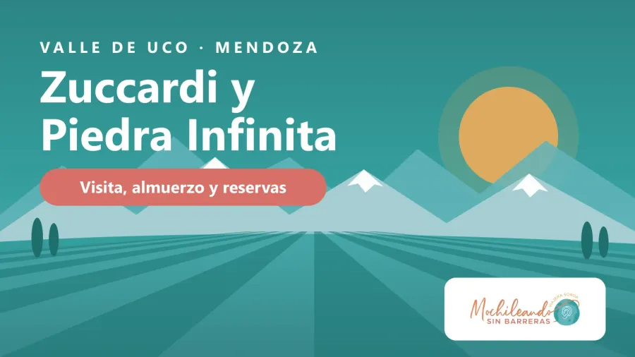 Ilustración de viñedos con los Andes nevados al fondo y el texto «Zuccardi y Piedra Infinita: visita, almuerzo y reservas»