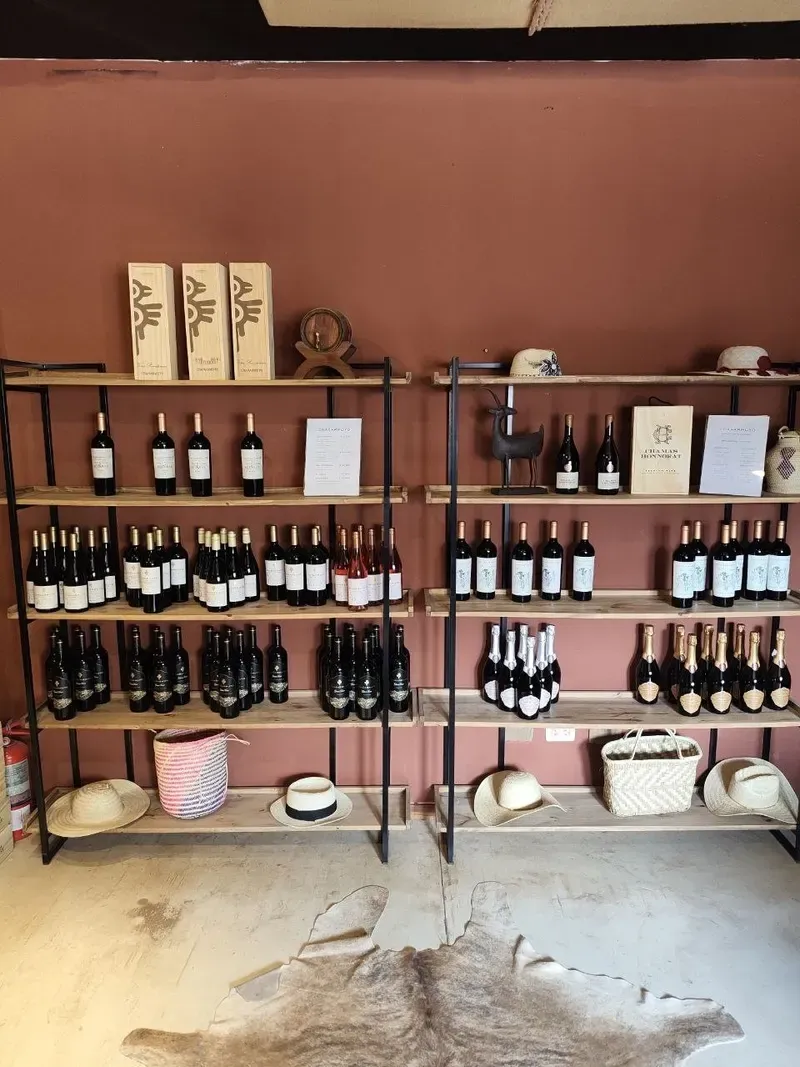 Estantes de la tienda de la bodega con botellas de vino y espumante, sombreros y cestas artesanales