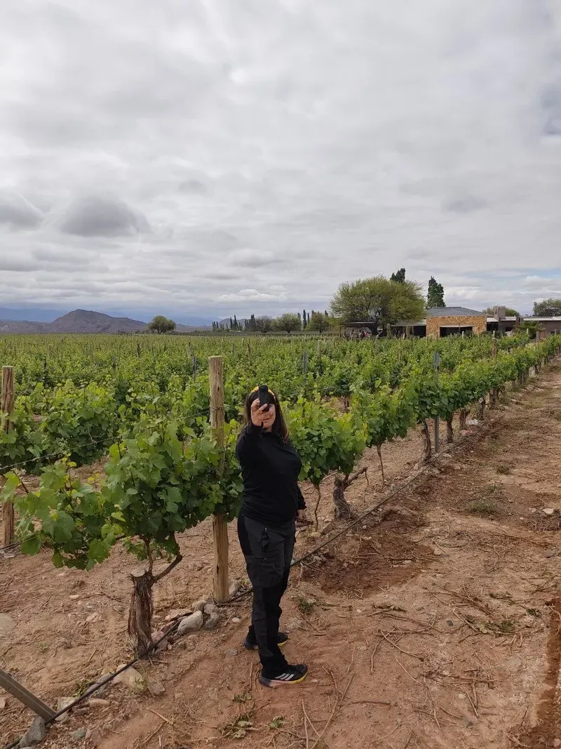 Cris entre las hileras de viñas con el edificio de la bodega al fondo