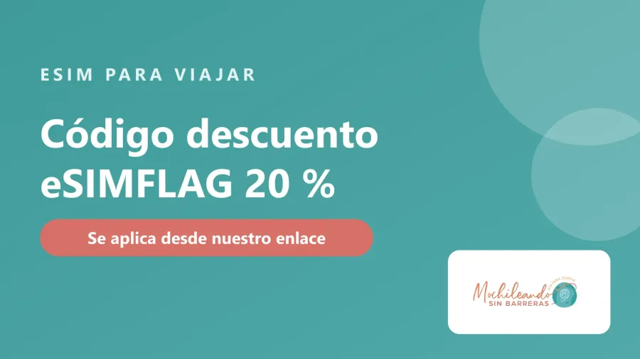Portada con el texto «Código descuento eSIMFLAG: 20 %» sobre fondo verde azulado y el logo de Mochileando sin Barreras