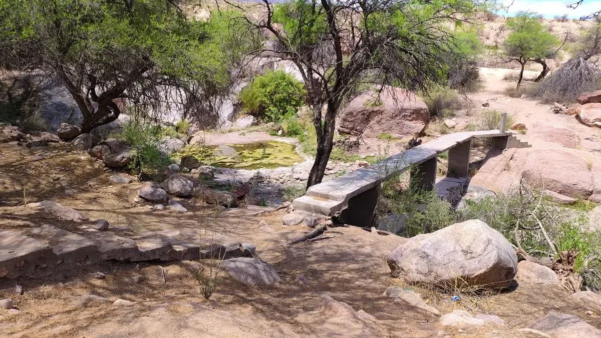 Pasarela de losas de piedra sobre un cauce entre rocas rosadas y árboles espinosos