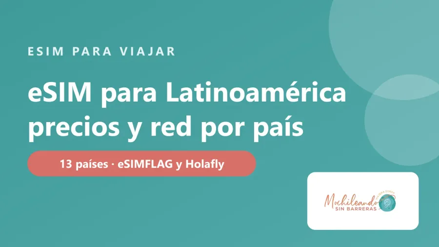 Portada con el texto «eSIM para Latinoamérica: precios y red por país» sobre fondo verde azulado y el logo de Mochileando sin Barreras