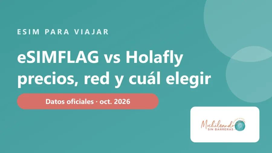 Portada con el texto «eSIMFLAG vs Holafly: precios, red y cuál elegir» sobre fondo verde azulado y el logo de Mochileando sin Barreras