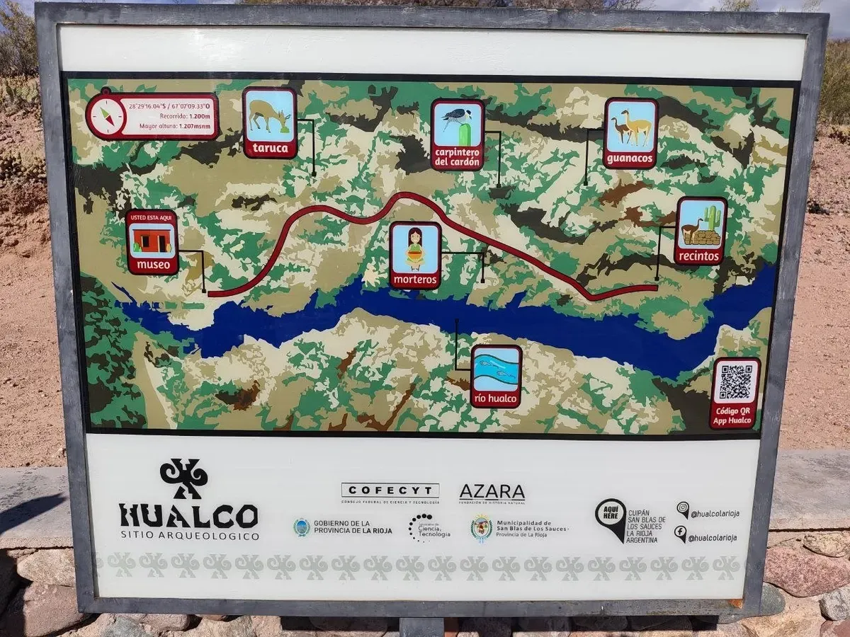 Mapa del circuito del sitio arqueológico de Hualco con iconos de fauna y puntos de interés