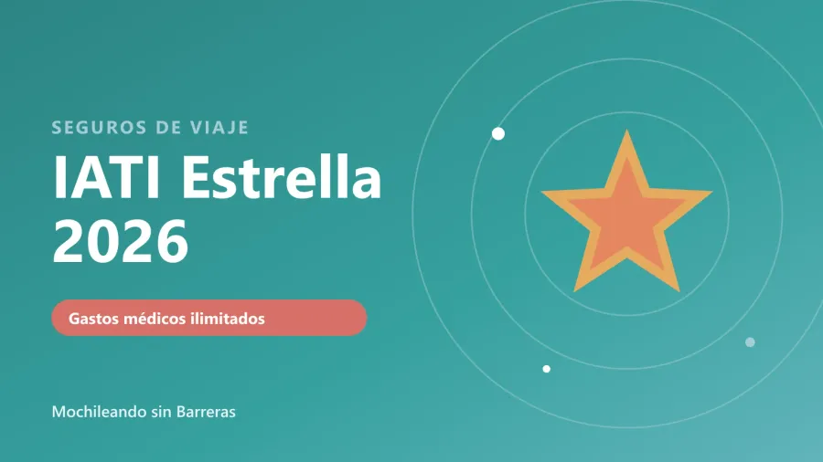 Portada con el texto «IATI Estrella 2026, gastos médicos ilimitados» y una estrella dorada sobre un fondo verde azulado con el nombre de Mochileando sin Barreras