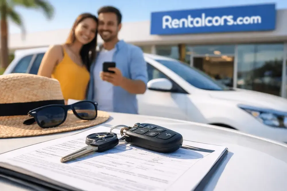 recogida de coche de alquiler con rentalcars en destino de viaje con contrato y llaves