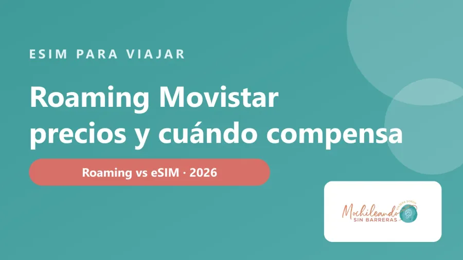 Portada con el texto «Roaming Movistar: precios y cuándo compensa una eSIM» sobre fondo verde azulado y el logo de Mochileando sin Barreras