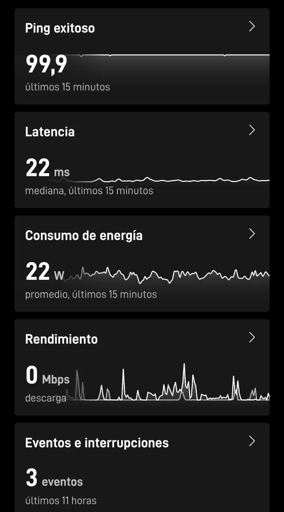 Captura de la app de Starlink con las estadísticas: ping exitoso 99,9, latencia de 22 milisegundos, consumo de 22 vatios y 3 eventos en las últimas 11 horas