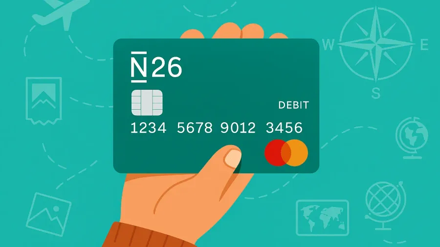 Ilustración de una mano sosteniendo una tarjeta de débito N26 verde con logo Mastercard, sobre un fondo turquesa con iconos de viaje: avión, brújula, globos terráqueos y mapamundi
