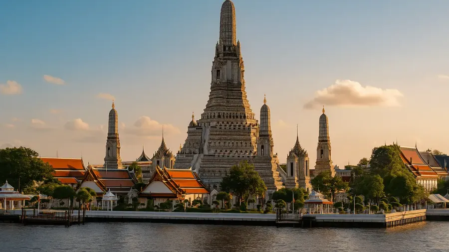 Templo Wat Arun de Bangkok junto al río al atardecer