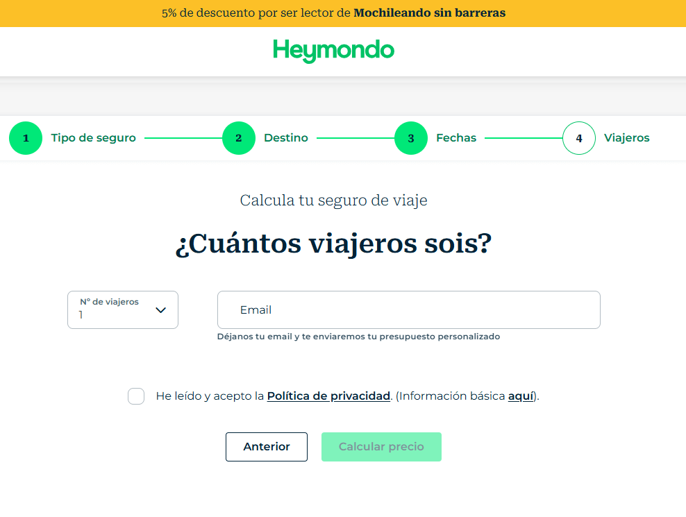 Número de viajeros y email
