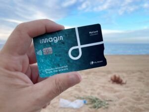 Tarjeta imagin de CaixaBank sobre mapa con pasaporte y dinero en contexto de viaje
