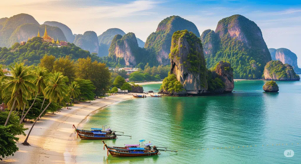 mejor epoca para viajar a a Tailandia foto destacada, playa con barcas y paisaje