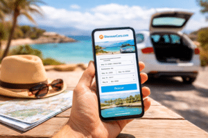 alquiler de coche con discovercars desde el móvil junto a coche en destino de viaje