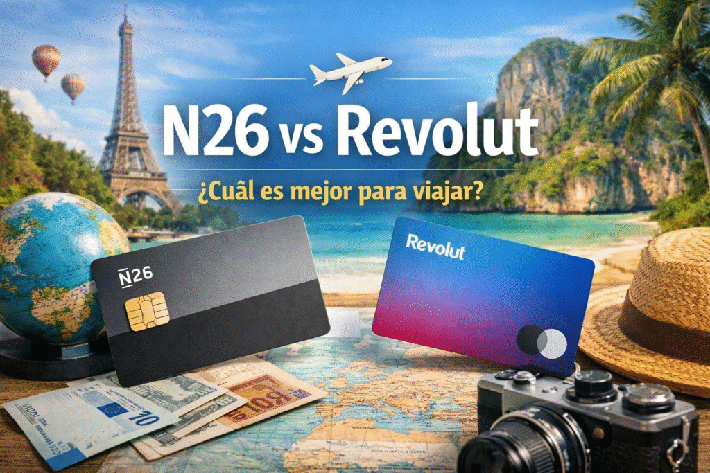 Comparativa entre N26 y Revolut para viajar, con tarjetas bancarias y elementos de viaje sobre un mapa del mundo
