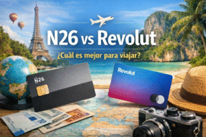 Comparativa entre N26 y Revolut para viajar, con tarjetas bancarias y elementos de viaje sobre un mapa del mundo