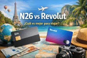 Comparativa entre N26 y Revolut para viajar, con tarjetas bancarias y elementos de viaje sobre un mapa del mundo