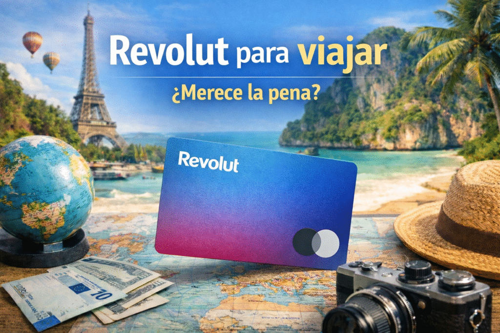 Tarjeta Revolut sobre un mapa del mundo con elementos de viaje, representando su uso para viajar y pagar en el extranjero