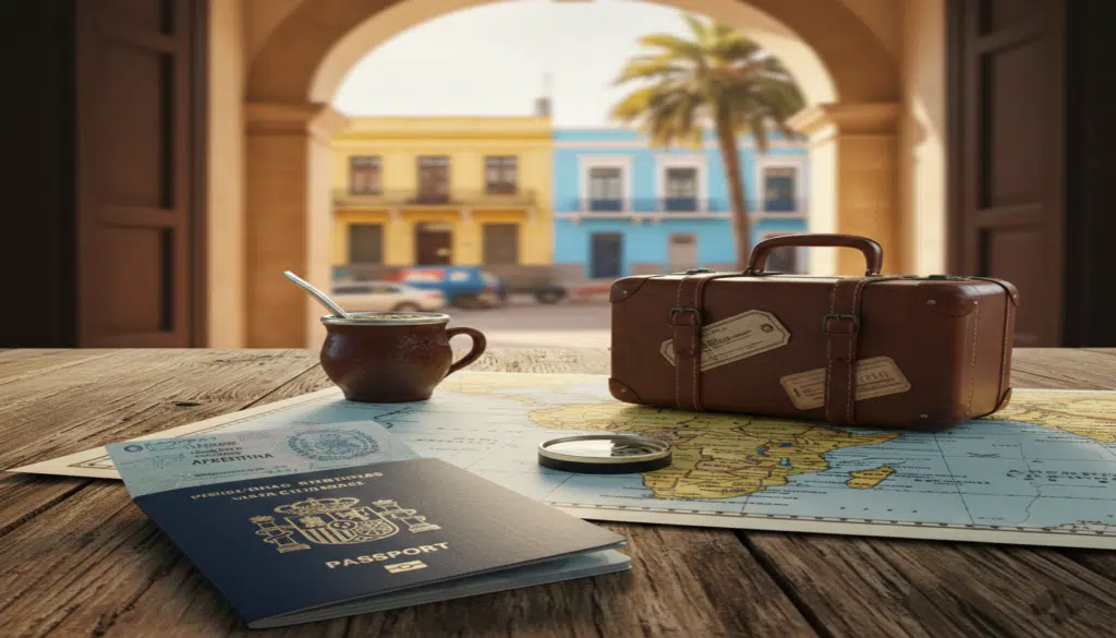 maleta mate y pasaporte encima de una mesa