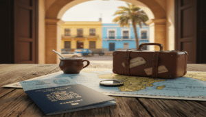 maleta mate y pasaporte encima de una mesa