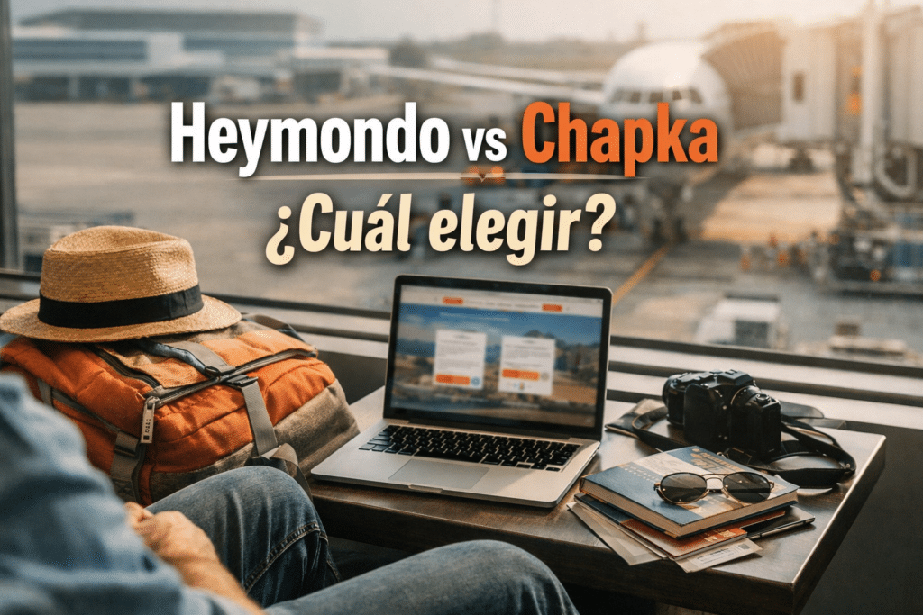 Viajero comparando seguros de viaje Heymondo y Chapka desde el aeropuerto antes de volar