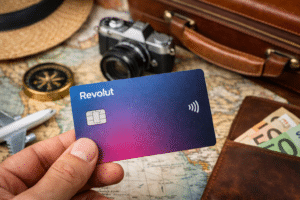 tarjeta Revolut para viajar sobre mapa con accesorios de viaje