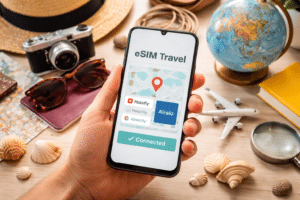 Smartphone con eSIM para viajar rodeado de accesorios de viaje como mapa, gafas de sol y cámara