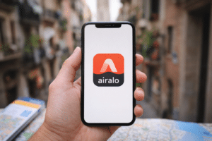 Persona sujetando un móvil con una eSIM activada en una calle europea durante un viaje