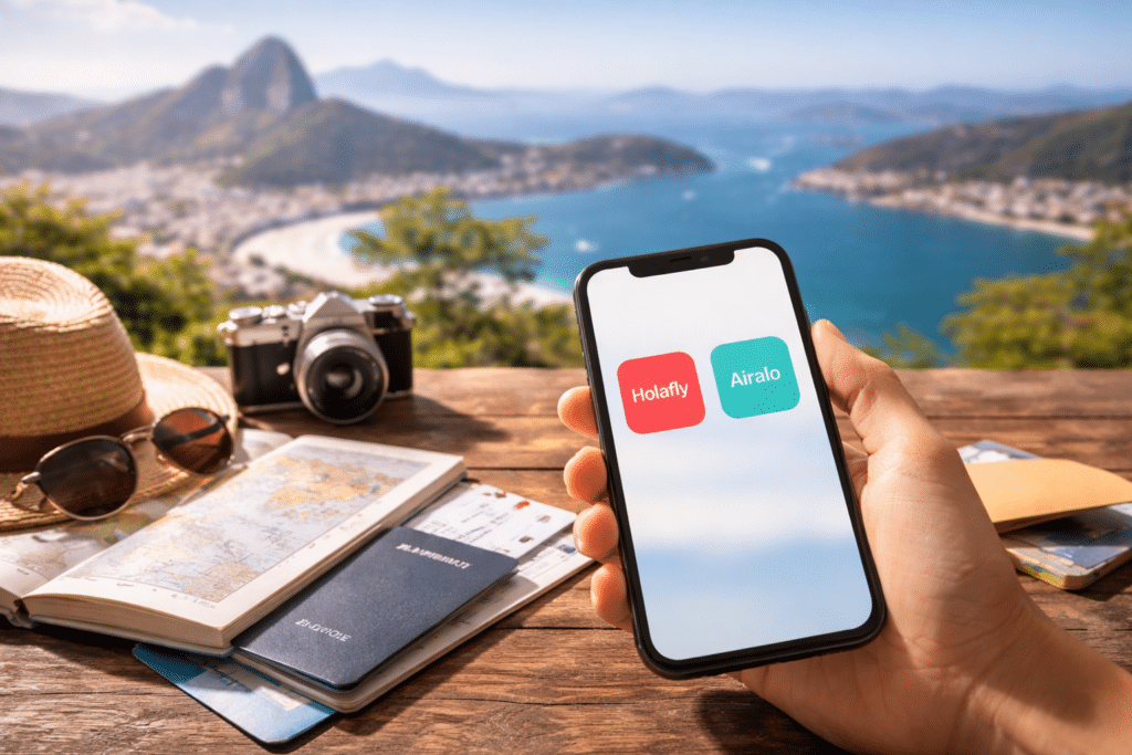 comparativa de esim para viajar mostrando móvil con conexión en el extranjero durante un viaje
