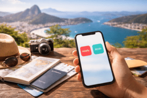 comparativa de esim para viajar mostrando móvil con conexión en el extranjero durante un viaje