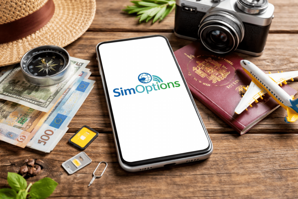 móvil con esim activa junto a accesorios de viaje sobre una mesa de madera durante un viaje