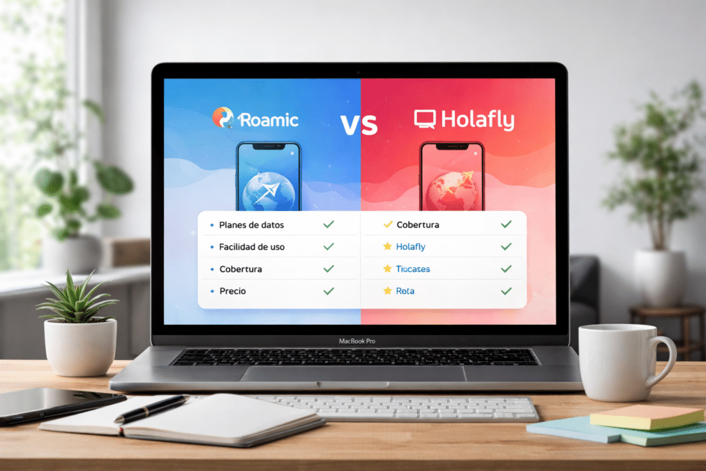 Comparativa de eSIM Roamic vs Holafly mostrada en la pantalla de un portátil sobre un escritorio moderno