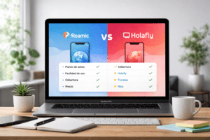Comparativa de eSIM Roamic vs Holafly mostrada en la pantalla de un portátil sobre un escritorio moderno