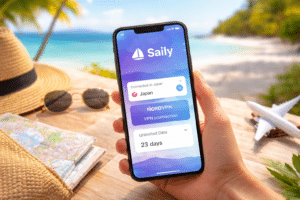 persona usando smartphone con conexión eSIM durante un viaje en la playa