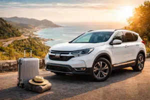 coche de alquiler blanco en mirador costero con maleta y vistas al mar al atardecer