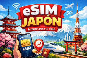 eSIM para Japón con móvil y conexión a internet viajando por Tokio y Monte Fuji