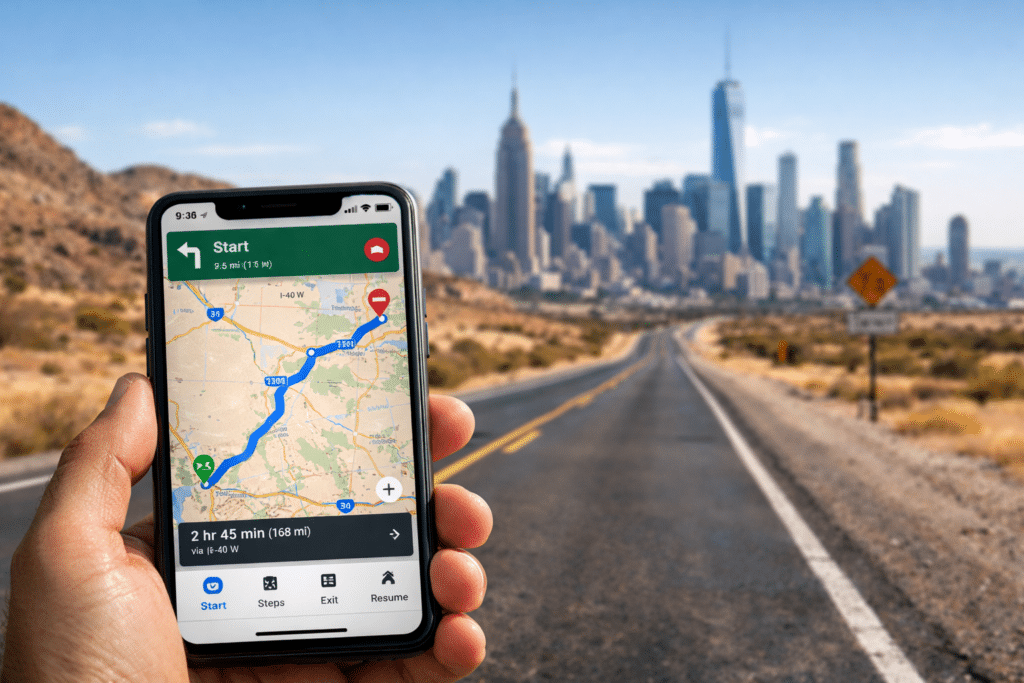 eSIM para Estados Unidos usando internet en móvil durante un roadtrip por carretera en USA