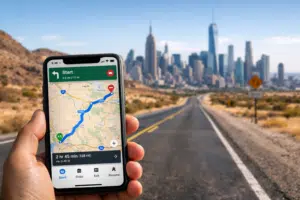 eSIM para Estados Unidos usando internet en móvil durante un roadtrip por carretera en USA