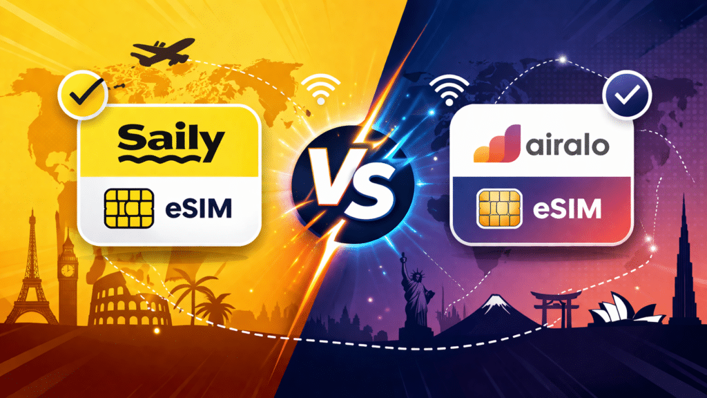 Comparativa visual entre Saily y Airalo eSIM con diseño dividido, mostrando dos smartphones, iconos de conexión y elementos de viaje como avión y mapa del mundo en formato horizontal.