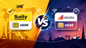 Comparativa visual entre Saily y Airalo eSIM con diseño dividido, mostrando dos smartphones, iconos de conexión y elementos de viaje como avión y mapa del mundo en formato horizontal.