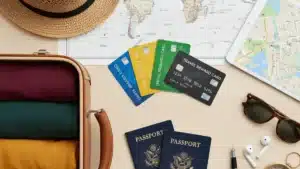 Comparativa de tarjetas imagin y Wise sobre mapa con pasaporte y dinero en contexto de viaje