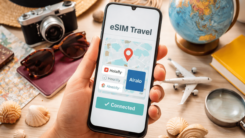 Smartphone con eSIM para viajar rodeado de accesorios de viaje como mapa, gafas de sol y cámara